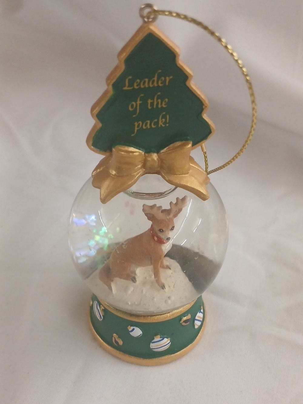 Holiday Snow Globe Ornament - Green & Gold Reindeer
